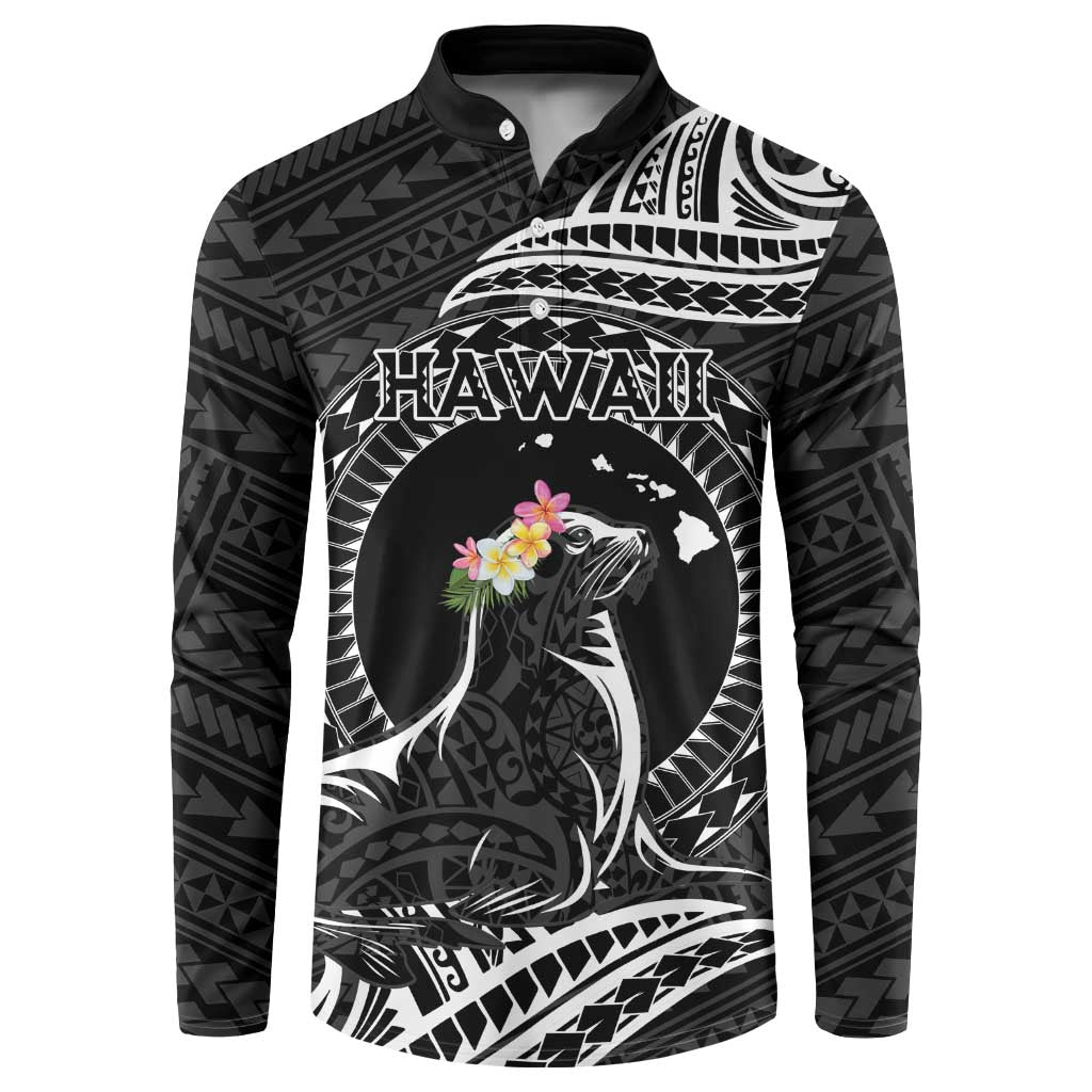 Personalised Hawaii Monk Seal Button Sweatshirt Polynesian Tattoo With Tropical Flowers - Black LT14 Black - Polynesian Pride