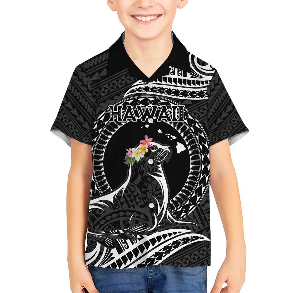 Personalised Hawaii Monk Seal Kid Hawaiian Shirt Polynesian Tattoo With Tropical Flowers - Black LT14 Kid Black - Polynesian Pride