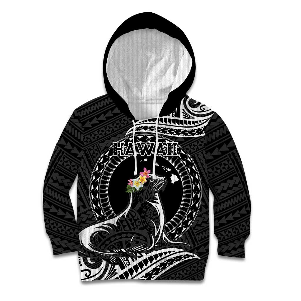 Personalised Hawaii Monk Seal Kid Hoodie Polynesian Tattoo With Tropical Flowers - Black LT14 Hoodie Black - Polynesian Pride