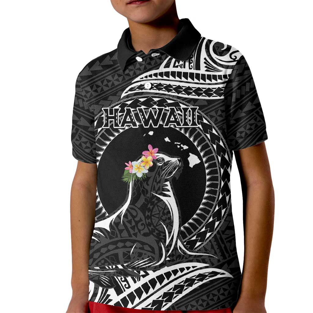 Personalised Hawaii Monk Seal Kid Polo Shirt Polynesian Tattoo With Tropical Flowers - Black LT14 Kid Black - Polynesian Pride