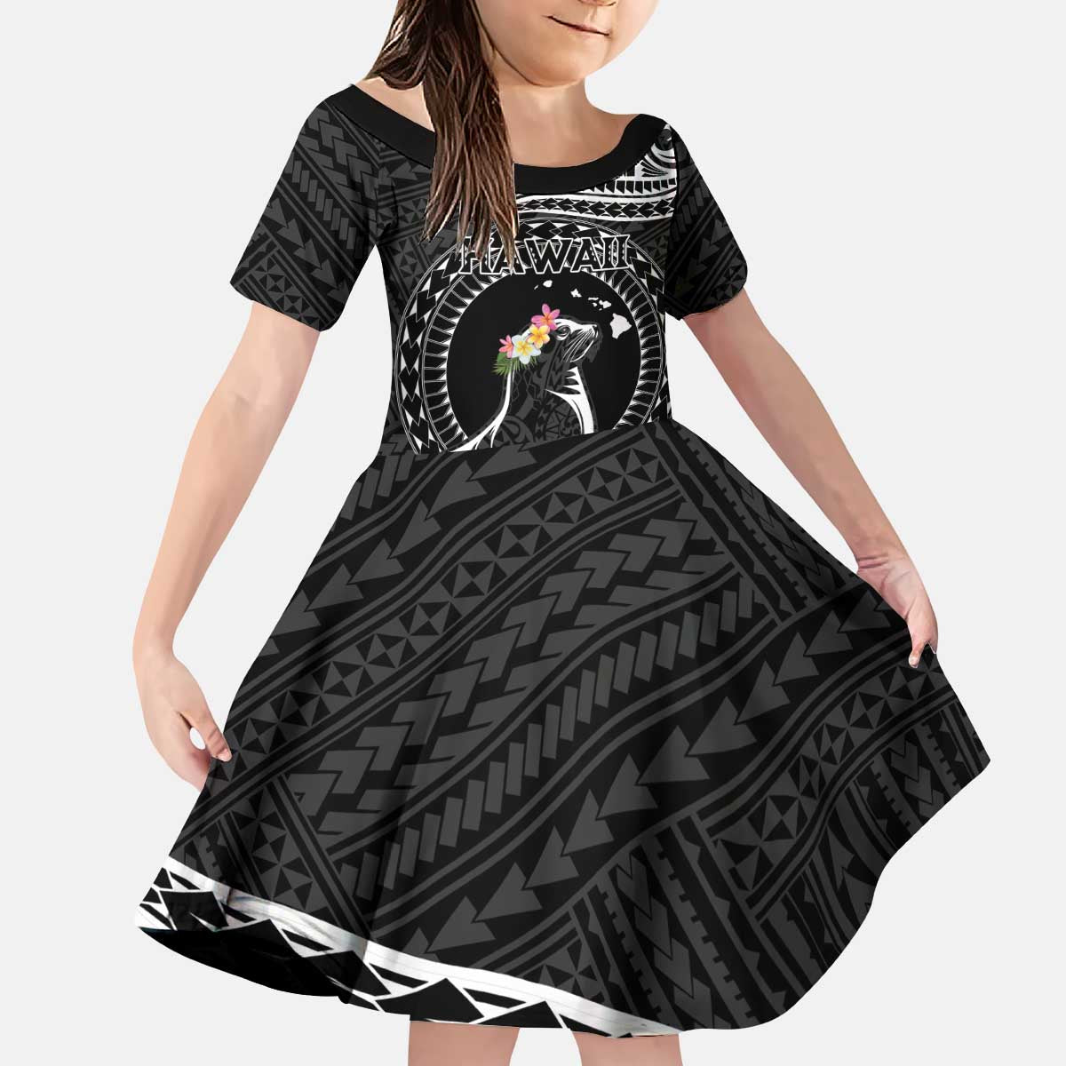 Personalised Hawaii Monk Seal Kid Short Sleeve Dress Polynesian Tattoo With Tropical Flowers - Black LT14 KID Black - Polynesian Pride