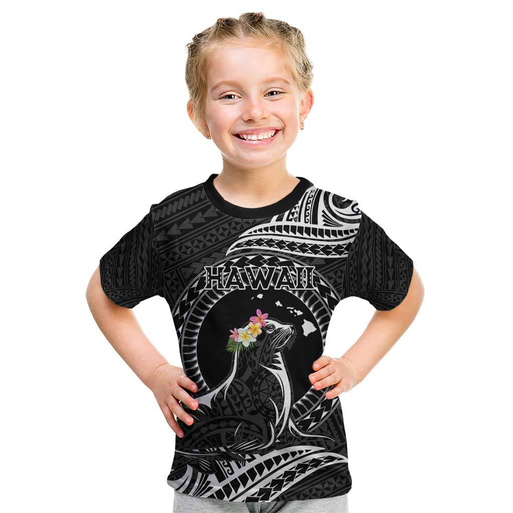 Personalised Hawaii Monk Seal Kid T Shirt Polynesian Tattoo With Tropical Flowers - Black LT14 Black - Polynesian Pride