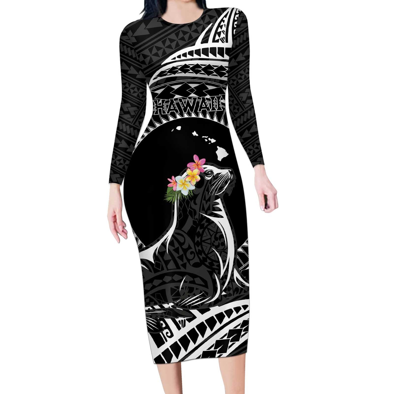 Personalised Hawaii Monk Seal Long Sleeve Bodycon Dress Polynesian Tattoo With Tropical Flowers - Black LT14 Long Dress Black - Polynesian Pride