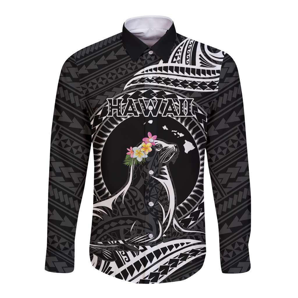 Personalised Hawaii Monk Seal Long Sleeve Button Shirt Polynesian Tattoo With Tropical Flowers - Black LT14 Unisex Black - Polynesian Pride