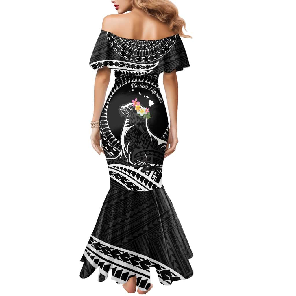 Personalised Hawaii Monk Seal Mermaid Dress Polynesian Tattoo With Tropical Flowers - Black LT14 - Polynesian Pride