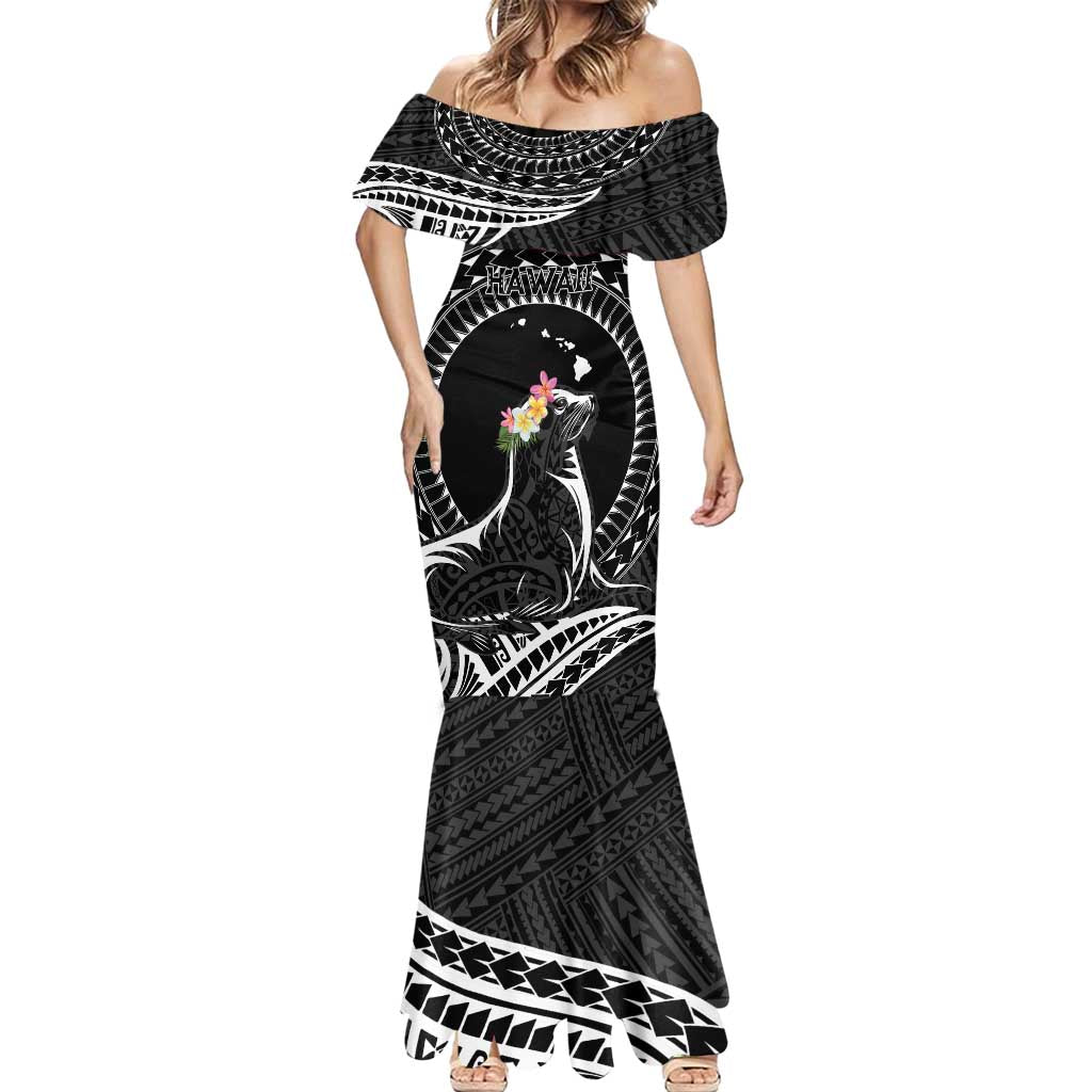 Personalised Hawaii Monk Seal Mermaid Dress Polynesian Tattoo With Tropical Flowers - Black LT14 - Polynesian Pride