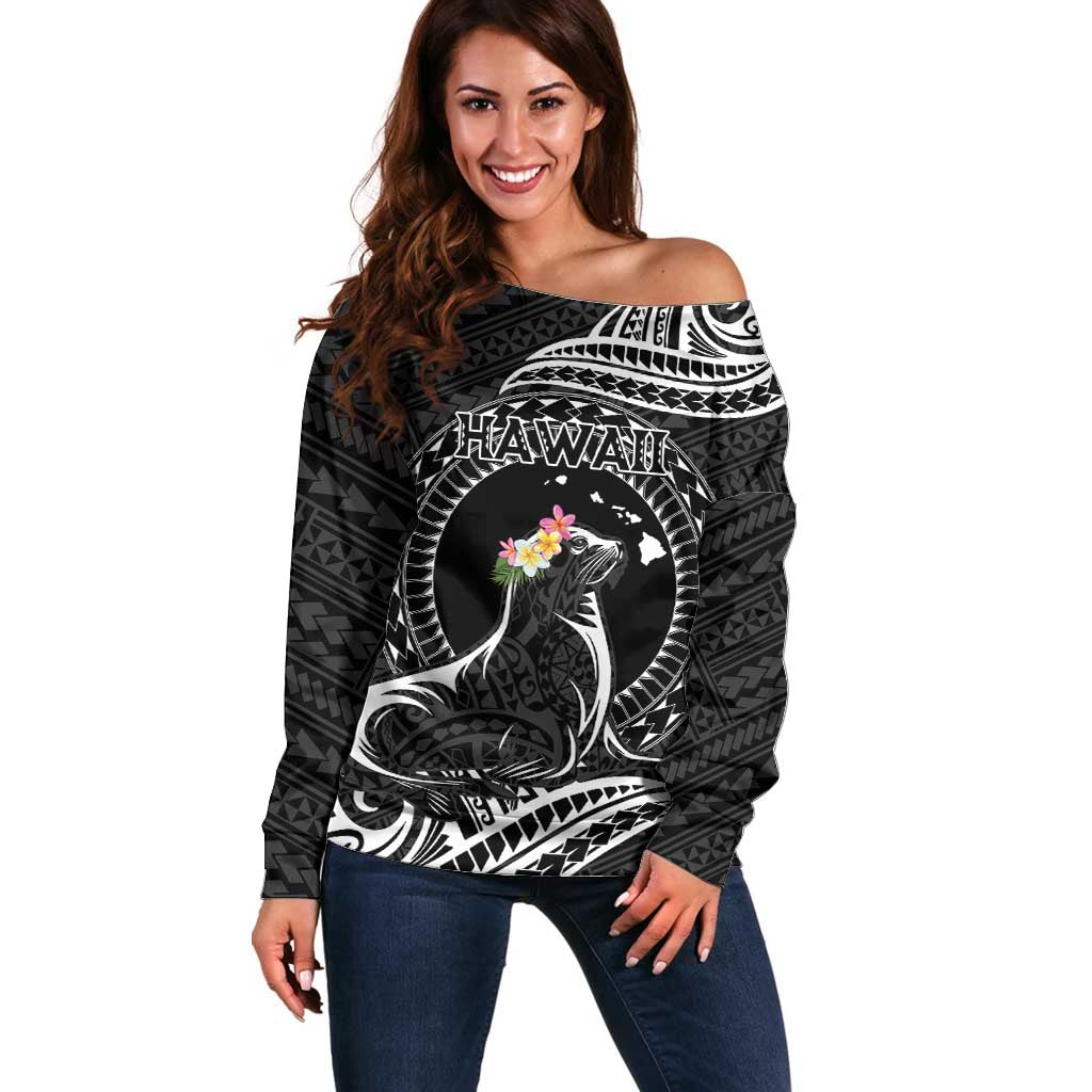 Personalised Hawaii Monk Seal Off Shoulder Sweater Polynesian Tattoo With Tropical Flowers - Black LT14 Women Black - Polynesian Pride