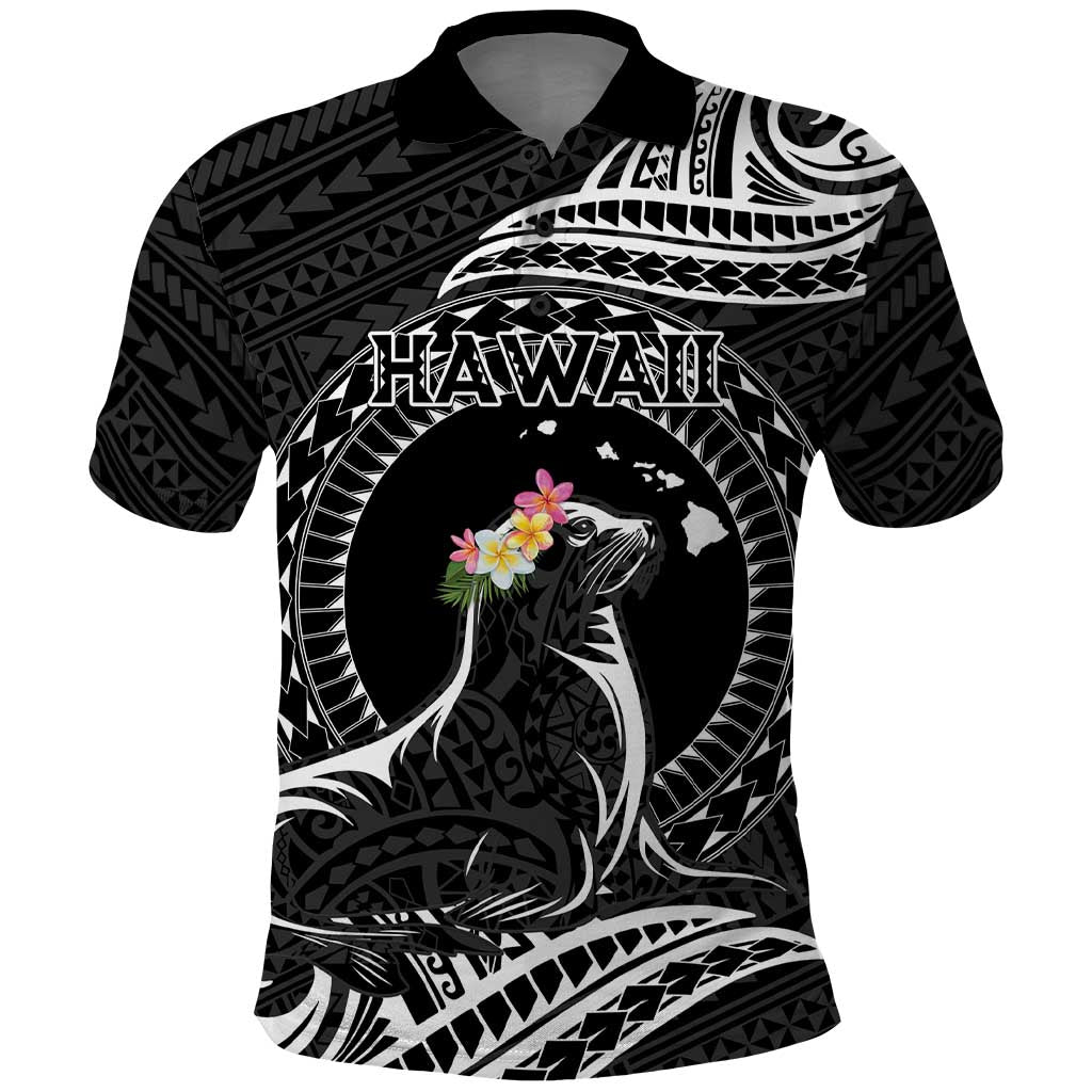 Personalised Hawaii Monk Seal Polo Shirt Polynesian Tattoo With Tropical Flowers - Black LT14 Black - Polynesian Pride
