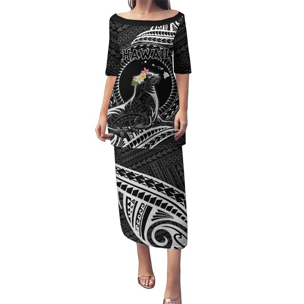 Personalised Hawaii Monk Seal Puletasi Polynesian Tattoo With Tropical Flowers - Black LT14 Long Dress Black - Polynesian Pride