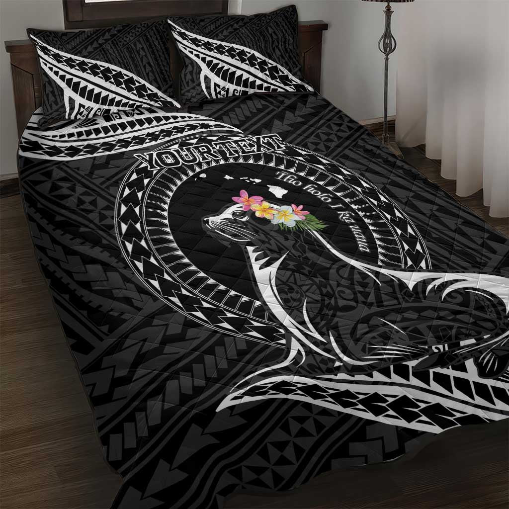 Personalised Hawaii Monk Seal Quilt Bed Set Polynesian Tattoo With Tropical Flowers - Black LT14 Black - Polynesian Pride