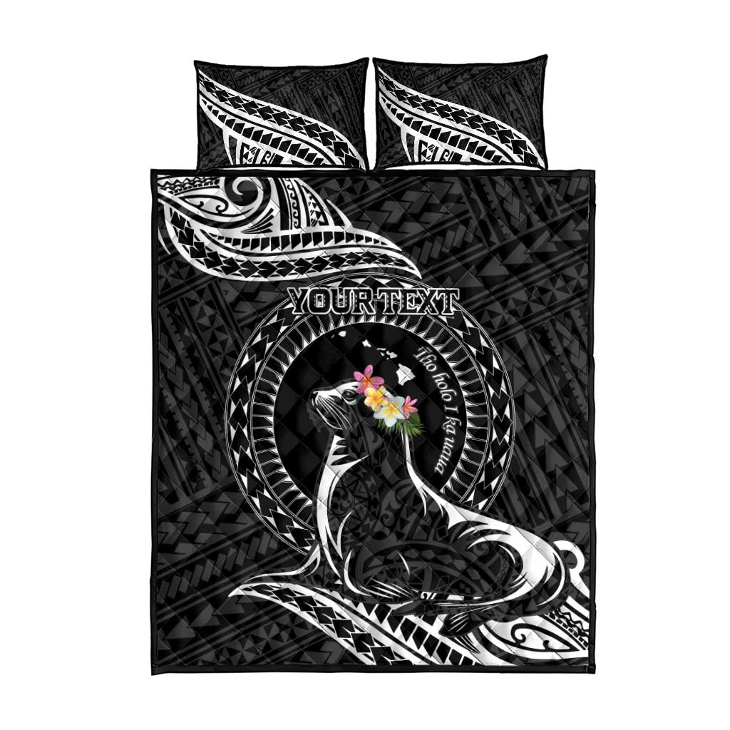 Personalised Hawaii Monk Seal Quilt Bed Set Polynesian Tattoo With Tropical Flowers - Black LT14 - Polynesian Pride