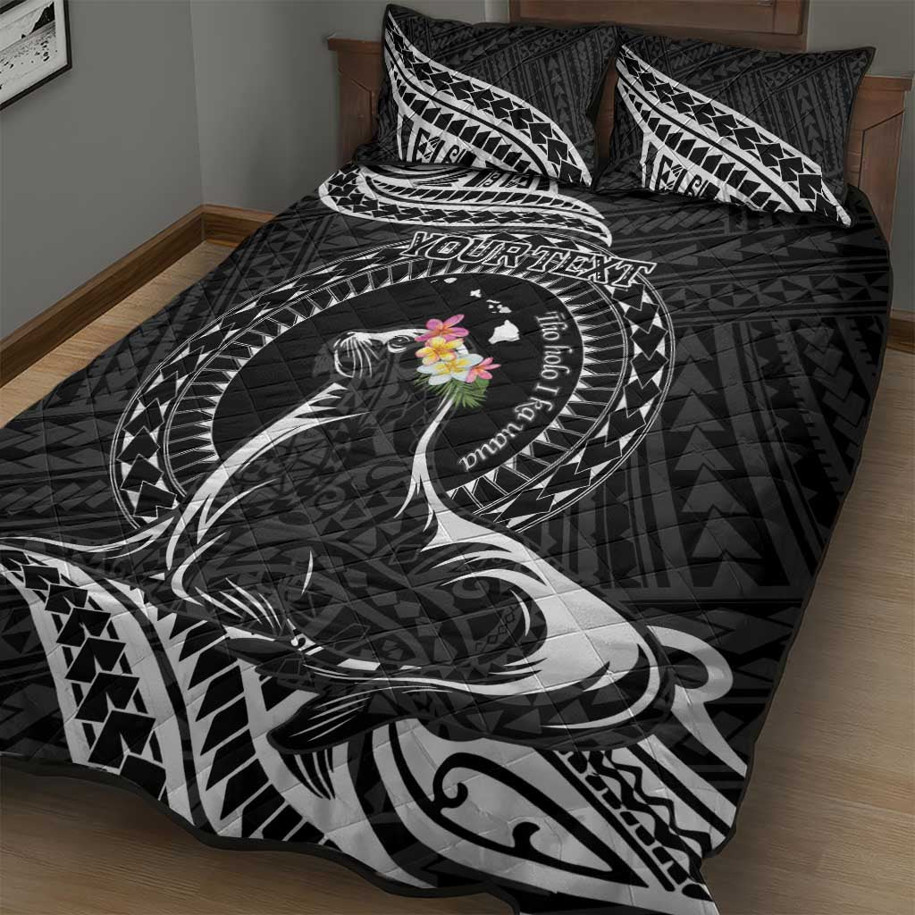 Personalised Hawaii Monk Seal Quilt Bed Set Polynesian Tattoo With Tropical Flowers - Black LT14 - Polynesian Pride