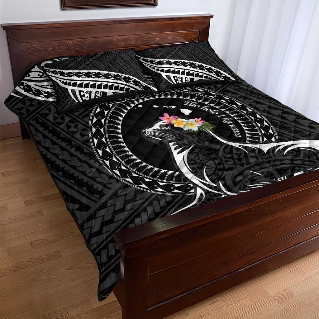 Personalised Hawaii Monk Seal Quilt Bed Set Polynesian Tattoo With Tropical Flowers - Black LT14 - Polynesian Pride