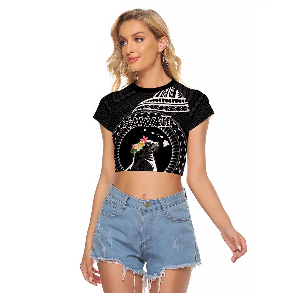Personalised Hawaii Monk Seal Raglan Cropped T Shirt Polynesian Tattoo With Tropical Flowers - Black LT14 Female Black - Polynesian Pride