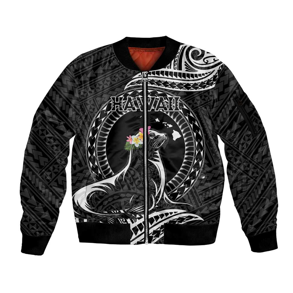 Personalised Hawaii Monk Seal Sleeve Zip Bomber Jacket Polynesian Tattoo With Tropical Flowers - Black LT14 Unisex Black - Polynesian Pride