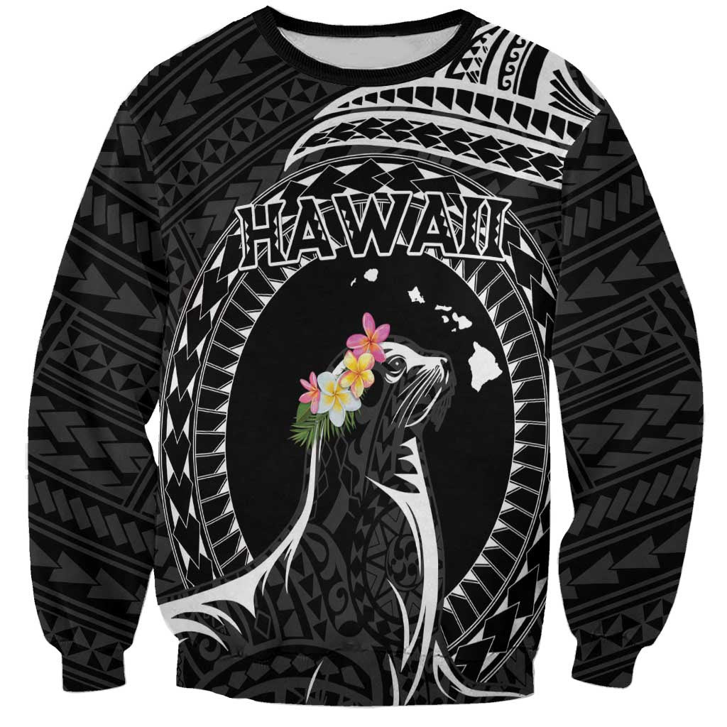 Personalised Hawaii Monk Seal Sweatshirt Polynesian Tattoo With Tropical Flowers - Black LT14 Unisex Black - Polynesian Pride