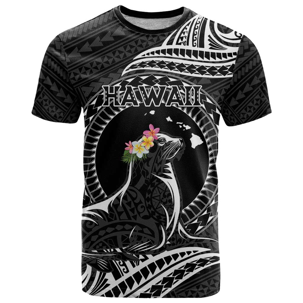 Personalised Hawaii Monk Seal T Shirt Polynesian Tattoo With Tropical Flowers - Black LT14 Black - Polynesian Pride