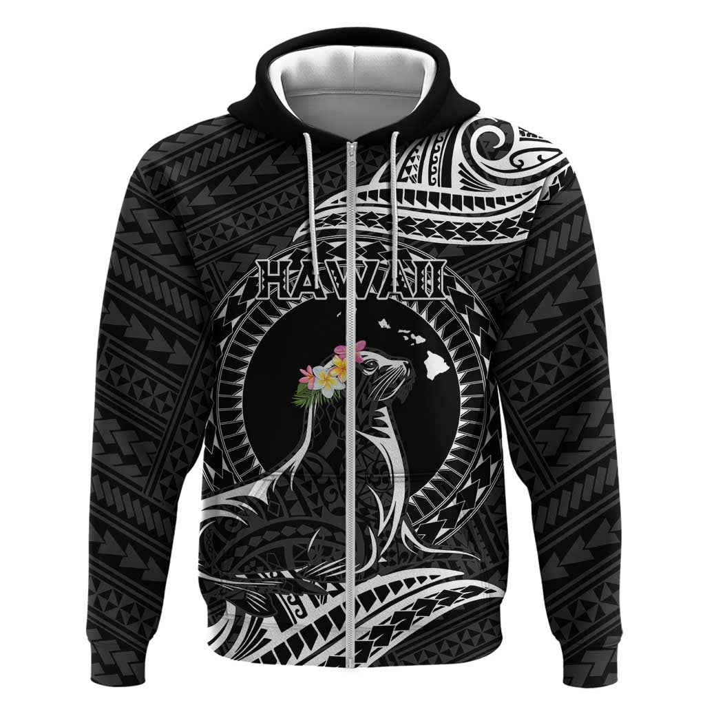 Personalised Hawaii Monk Seal Zip Hoodie Polynesian Tattoo With Tropical Flowers - Black LT14 Zip Hoodie Black - Polynesian Pride