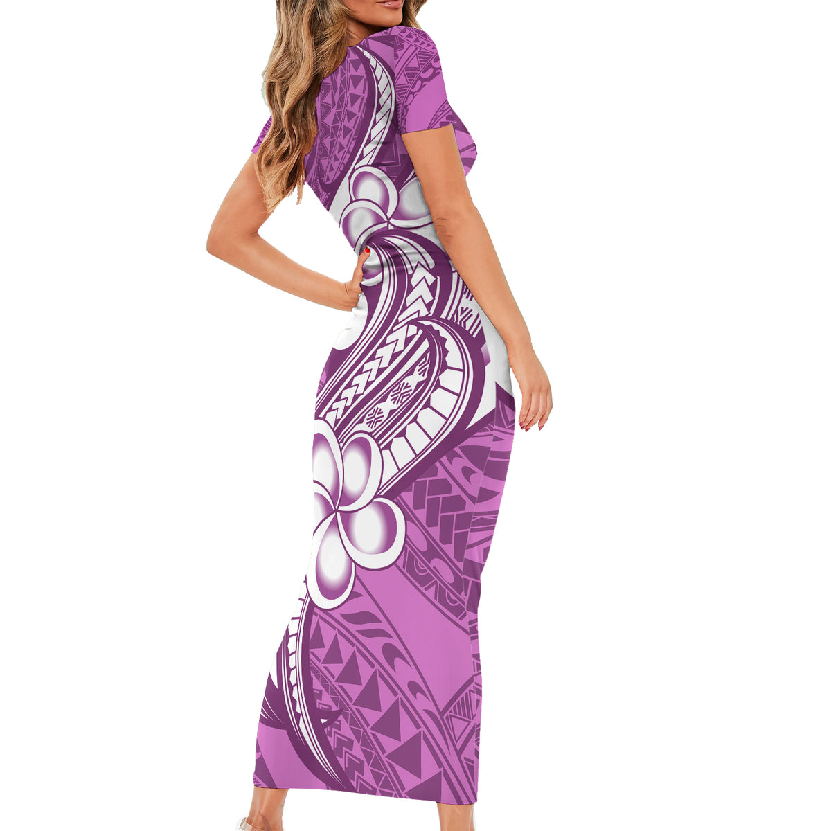 Polynesia Short Sleeve Bodycon Dress Plumeria With Tribal Pattern Pink Pastel Vibes LT14 - Polynesian Pride