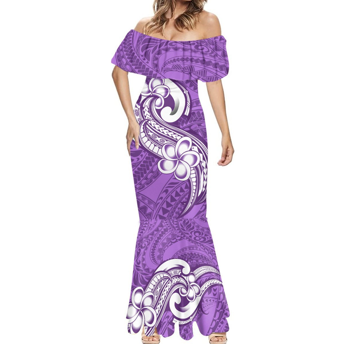 Polynesia Mermaid Dress Plumeria With Tribal Pattern Purple Pastel Vibes LT14 - Polynesian Pride