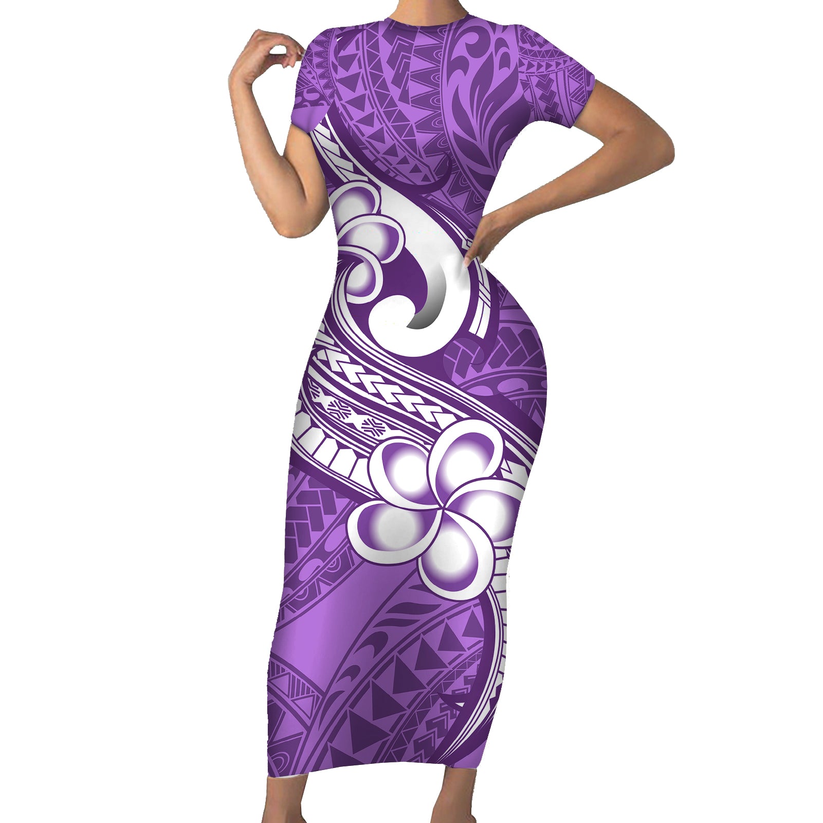 Polynesia Short Sleeve Bodycon Dress Plumeria With Tribal Pattern Purple Pastel Vibes LT14 Long Dress Purple - Polynesian Pride