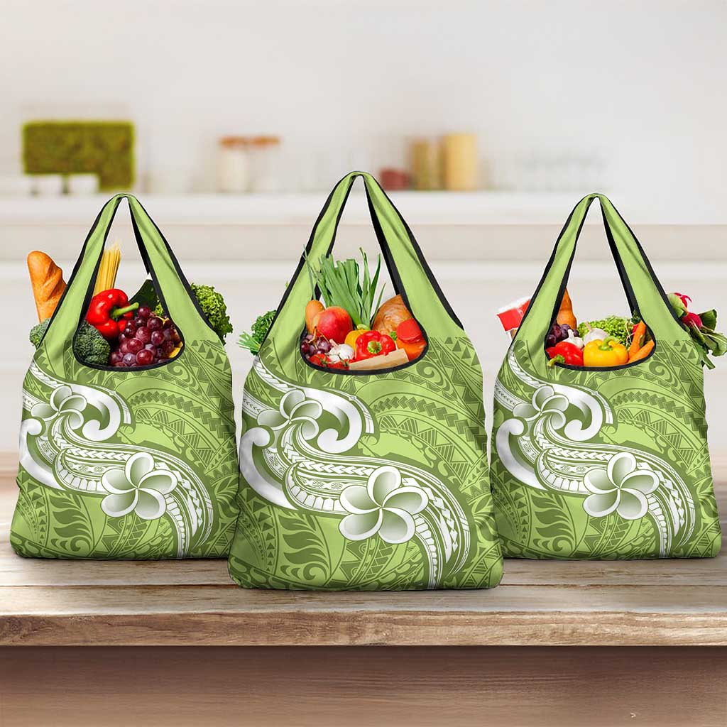 Polynesia Grocery Bag Plumeria With Tribal Pattern Green Pastel LT14 3-pack One Size Green - Polynesian Pride