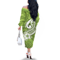 Polynesia Off The Shoulder Long Sleeve Dress Plumeria With Tribal Pattern Green Pastel Vibes LT14 - Polynesian Pride