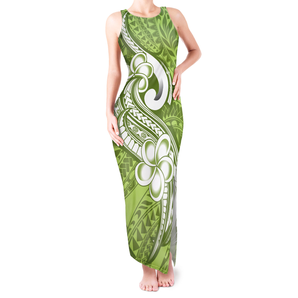 Polynesia Tank Maxi Dress Plumeria With Tribal Pattern Green Pastel Vibes LT14 Women Green - Polynesian Pride