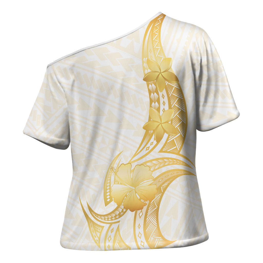Polynesia White Sunday Cross Shoulder Shirt Polynesian Tattoo Plumeria Hibiscus Gold LT14 - Polynesian Pride