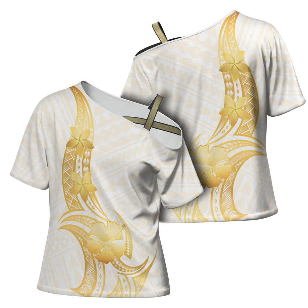 Polynesia White Sunday Cross Shoulder Shirt Polynesian Tattoo Plumeria Hibiscus Gold LT14 - Polynesian Pride