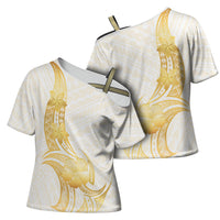 Polynesia White Sunday Cross Shoulder Shirt Polynesian Tattoo Plumeria Hibiscus Gold LT14 - Polynesian Pride