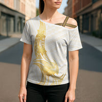 Polynesia White Sunday Cross Shoulder Shirt Polynesian Tattoo Plumeria Hibiscus Gold LT14 - Polynesian Pride