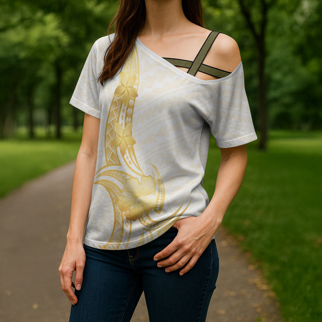 Polynesia White Sunday Cross Shoulder Shirt Polynesian Tattoo Plumeria Hibiscus Gold LT14 - Polynesian Pride