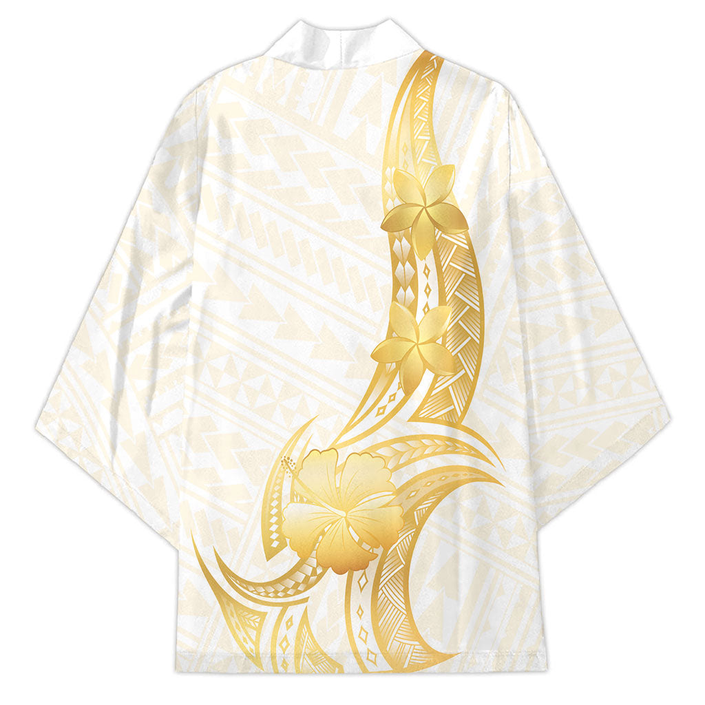Polynesia White Sunday Kimono Polynesian Tattoo Plumeria Hibiscus Gold LT14 - Polynesian Pride