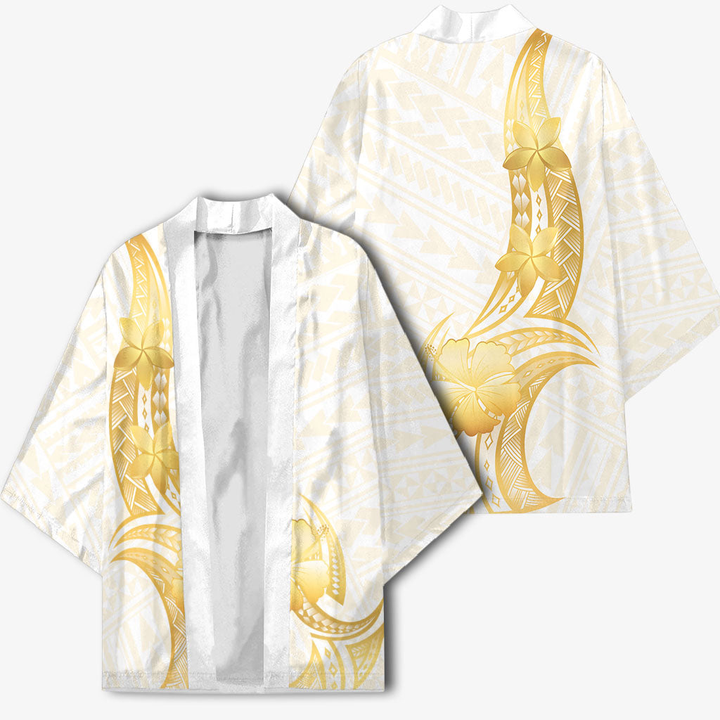 Polynesia White Sunday Kimono Polynesian Tattoo Plumeria Hibiscus Gold LT14 - Polynesian Pride