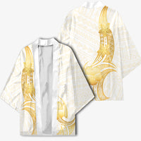 Polynesia White Sunday Kimono Polynesian Tattoo Plumeria Hibiscus Gold LT14 - Polynesian Pride