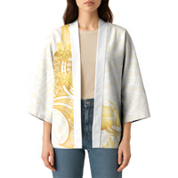 Polynesia White Sunday Kimono Polynesian Tattoo Plumeria Hibiscus Gold LT14 - Polynesian Pride
