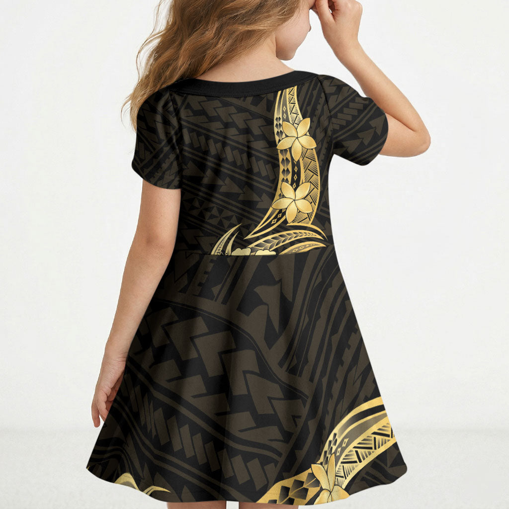 Gold Black Polynesia Hibiscus Plumeria Tattoo Kid Short Sleeve Dress LT14 - Polynesian Pride