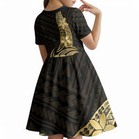 Gold Black Polynesia Hibiscus Plumeria Tattoo Kid Short Sleeve Dress LT14 - Polynesian Pride