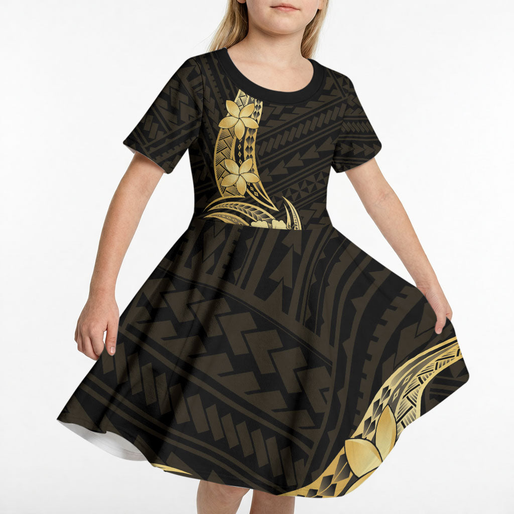 Gold Black Polynesia Hibiscus Plumeria Tattoo Kid Short Sleeve Dress LT14 - Polynesian Pride