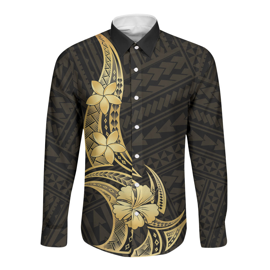 Gold Black Polynesia Hibiscus Plumeria Tattoo Long Sleeve Button Shirt LT14 Unisex Black - Polynesian Pride