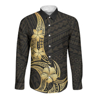 Gold Black Polynesia Hibiscus Plumeria Tattoo Long Sleeve Button Shirt LT14 Unisex Black - Polynesian Pride