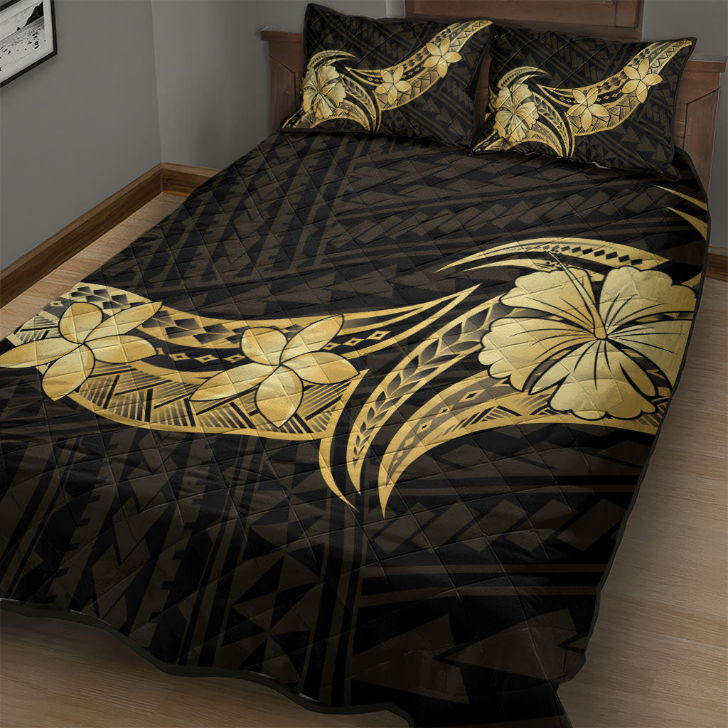 Gold Black Polynesia Hibiscus Plumeria Tattoo Quilt Bed Set LT14 - Polynesian Pride