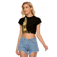 Gold Black Polynesia Hibiscus Plumeria Tattoo Raglan Cropped T Shirt LT14 Female Black - Polynesian Pride