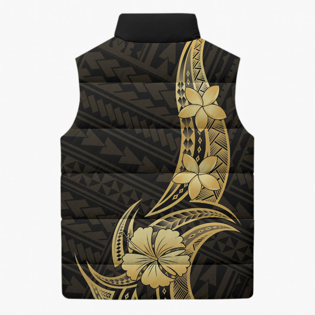 Gold Black Polynesia Hibiscus Plumeria Tattoo Sleeveless Puffer Jacket LT14 - Polynesian Pride