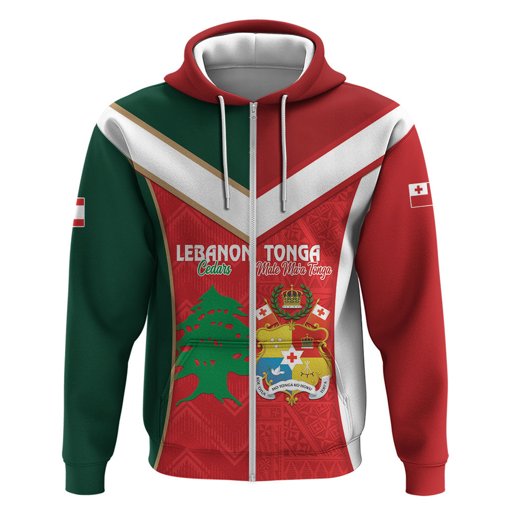 Custom Rugby Tonga and Lebanon Hoodie Mate Maa Tonga Cedars Together LT14 Zip Hoodie Multicolor - Polynesian Pride