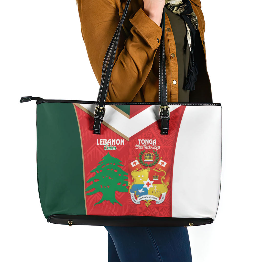 Rugby Tonga and Lebanon Leather Tote Bag Mate Maa Tonga Cedars Together LT14 - Polynesian Pride