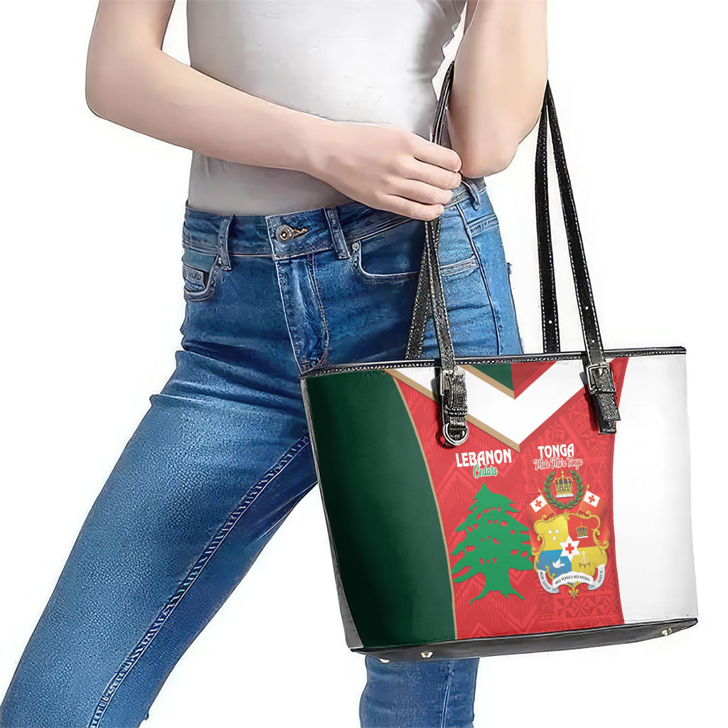 Rugby Tonga and Lebanon Leather Tote Bag Mate Maa Tonga Cedars Together LT14 - Polynesian Pride