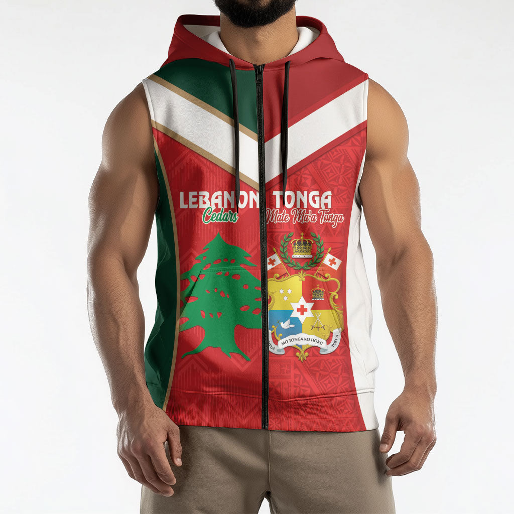 Custom Rugby Tonga and Lebanon Sleeveless Zip Hoodie Mate Maa Tonga Cedars Together LT14 - Polynesian Pride
