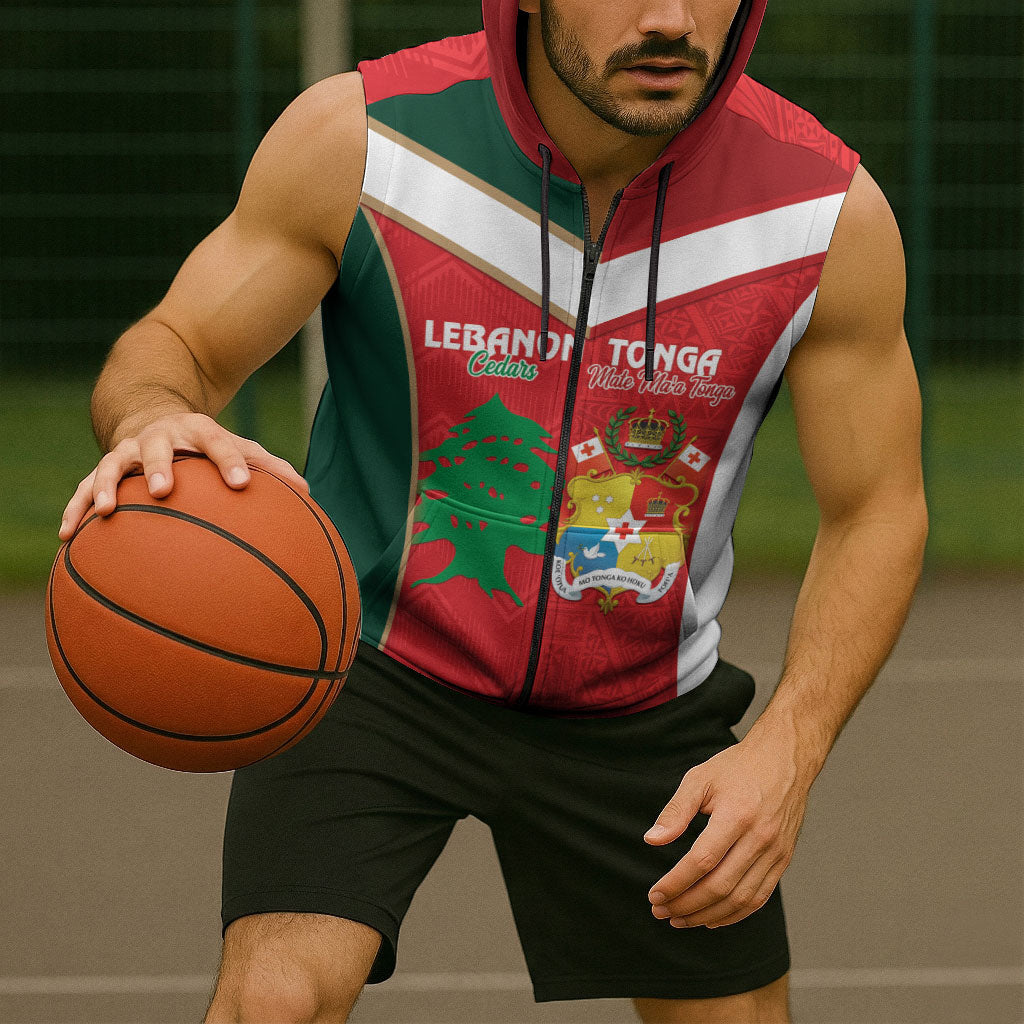 Custom Rugby Tonga and Lebanon Sleeveless Zip Hoodie Mate Maa Tonga Cedars Together LT14 - Polynesian Pride